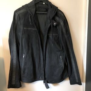 DANIER MEN’S CHARCOAL SUEDE NUBUCK RACER STYLE JACKET W/ ZIP OUT HOOD NWOT